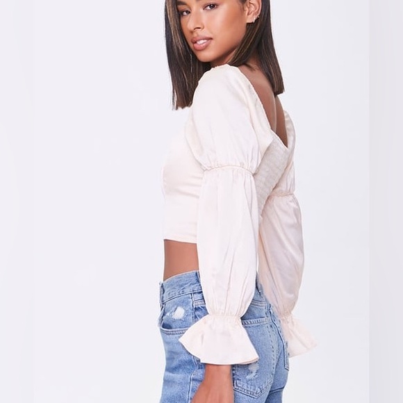 Size Small NWT Beige Champagne Peasant Long Sleeve Woven Crop top Forever 21 - Picture 4 of 9